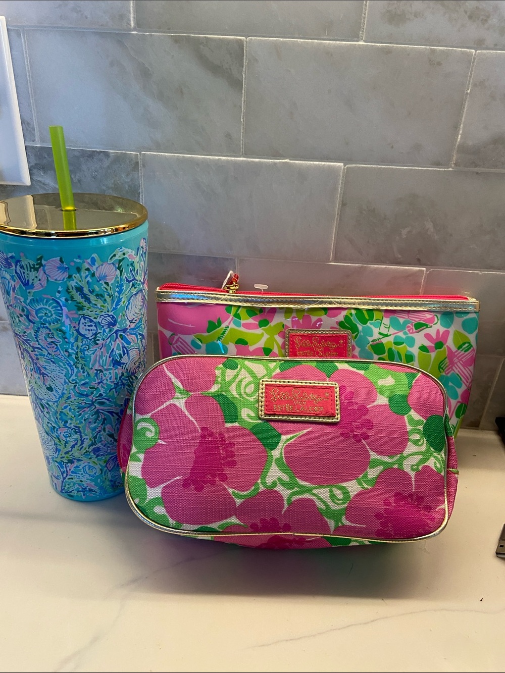 Lilly Pulitzer Pink, Green & Turquoise Floral Cosmetic Bag Duo